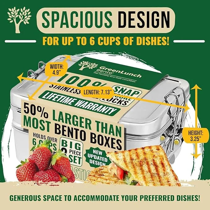 Stackable Stainless Steel Bento Box for Adults with Snack Pod - 6 Cup Capacity, Crack-Resistant, Secure Locks, Secure Locks, Eco-Friendly Lunch Box Container for for Work, Office & Travel