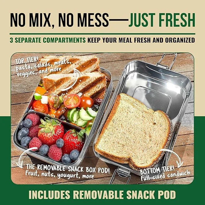 Stackable Stainless Steel Bento Box for Adults with Snack Pod - 6 Cup Capacity, Crack-Resistant, Secure Locks, Secure Locks, Eco-Friendly Lunch Box Container for for Work, Office & Travel