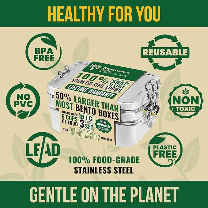 Stackable Stainless Steel Bento Box for Adults with Snack Pod - 6 Cup Capacity, Crack-Resistant, Secure Locks, Secure Locks, Eco-Friendly Lunch Box Container for for Work, Office & Travel