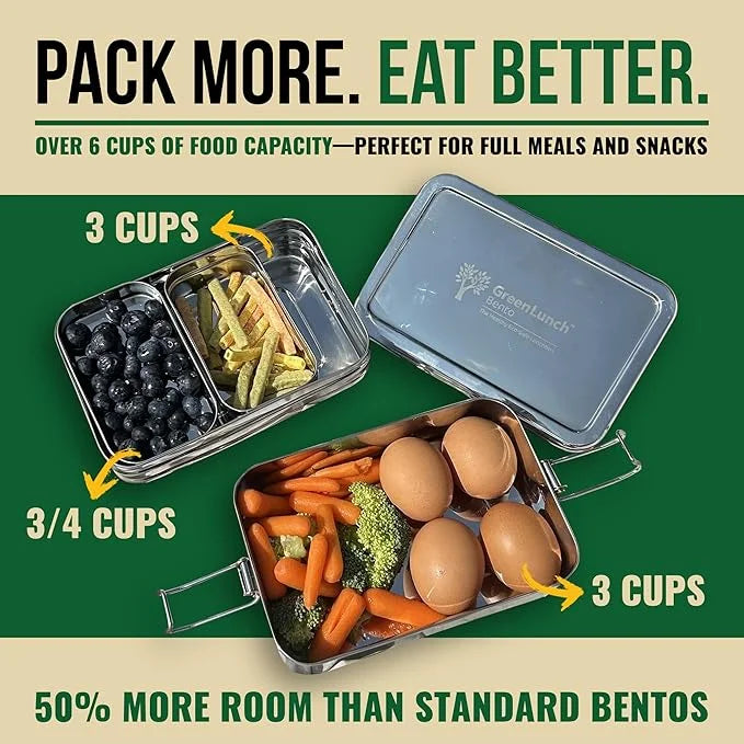 Stackable Stainless Steel Bento Box for Adults with Snack Pod - 6 Cup Capacity, Crack-Resistant, Secure Locks, Secure Locks, Eco-Friendly Lunch Box Container for for Work, Office & Travel